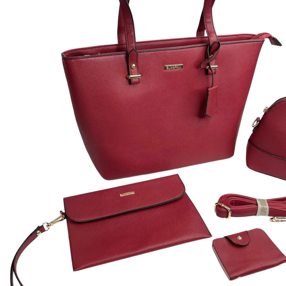 NWOT Elim & Paul Red Faux Leather 4 Piece Purse Bag Set - Picture 3 of 16